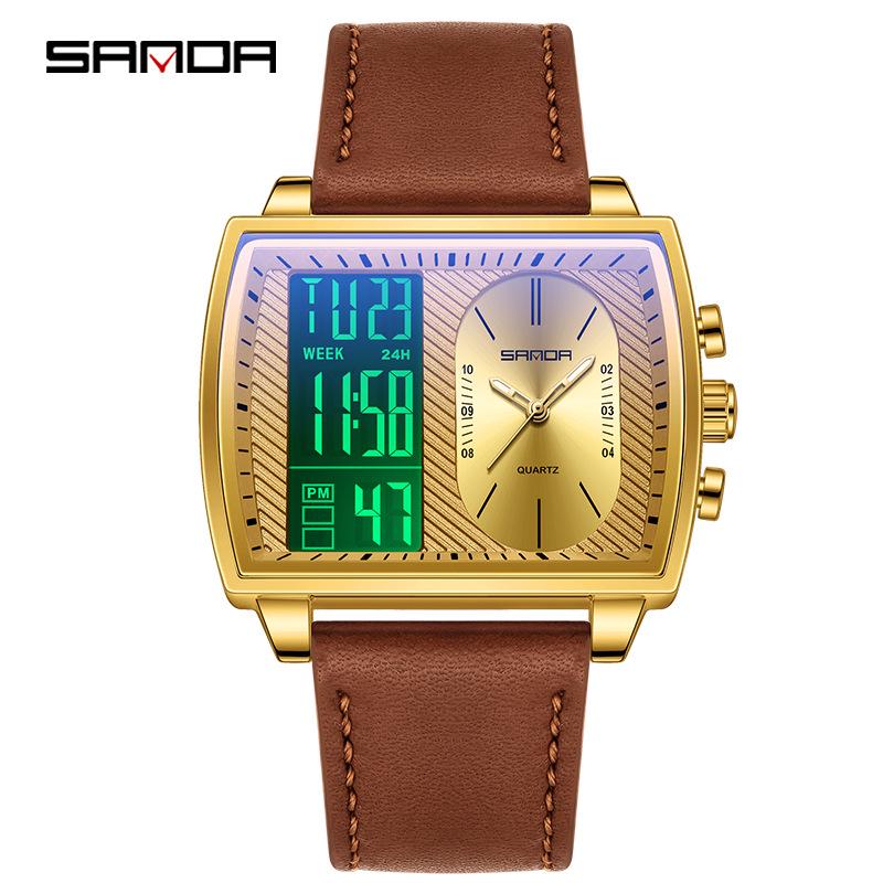 שעון ספורט רב-תכליתי עמיד למים לגברים מבית Sanda עם תצוגה כפולה מסוגננת.