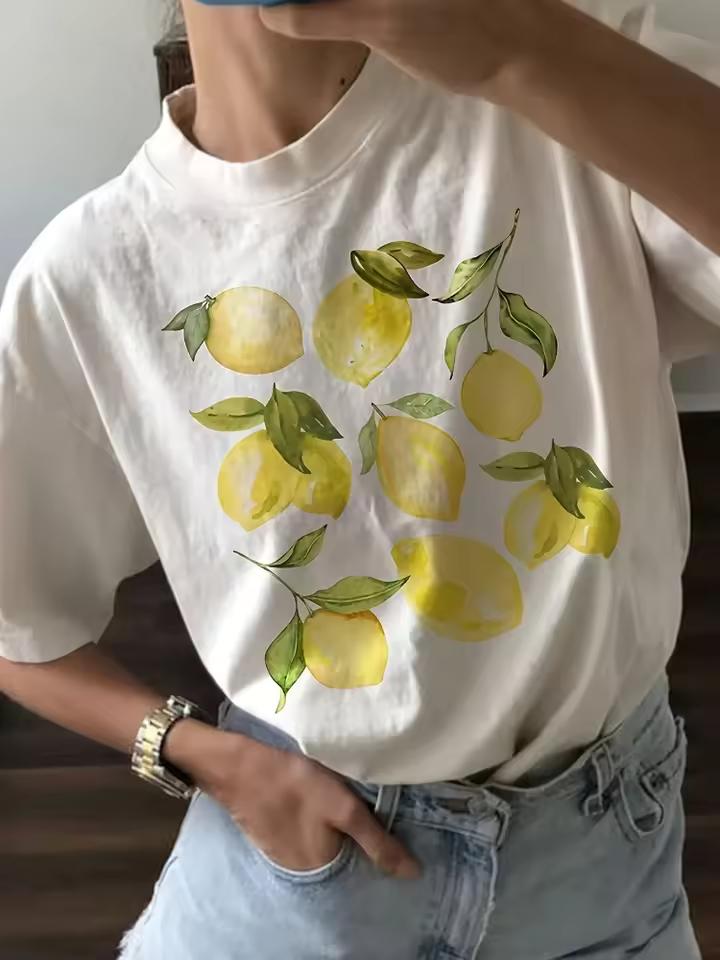 Vintage Cute Lemon Fruit T Shirt Short Sleeve Loose Botanical Tshirt Cottagecore Clothes Women Retro Aesthetic T-Shirts