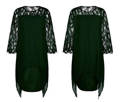European and American Lace Splicing Seven-quarter Sleeves Irregular Hem Chiffon Dress, Spot