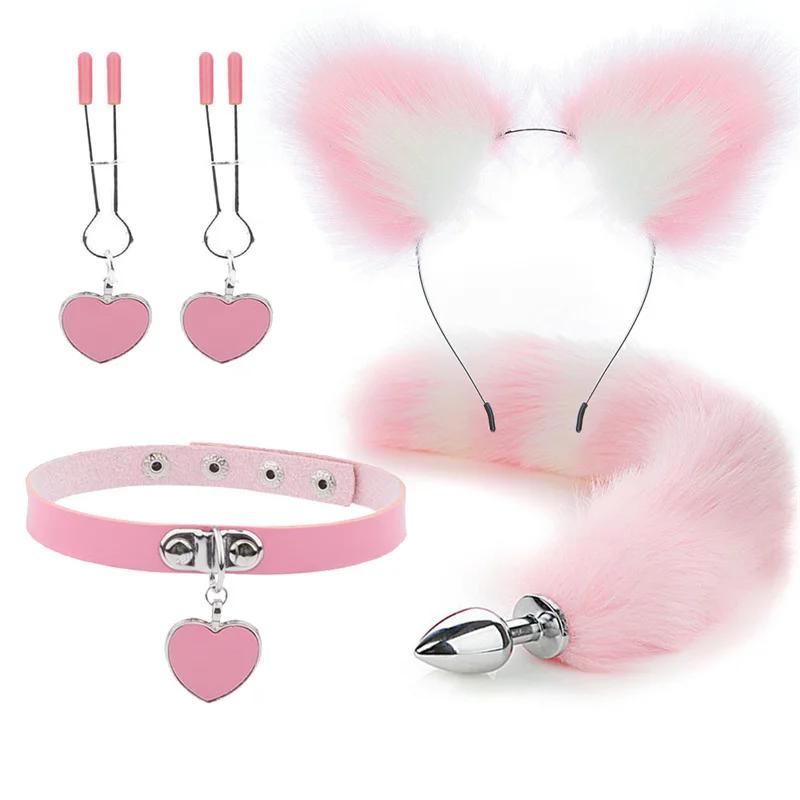 Anal Sex Toys Fox Tail Butt Plug Sexy Plush Cat Ear Headband With Bells Necklace Set Massage Sex Toys For Women Couples Cosplay