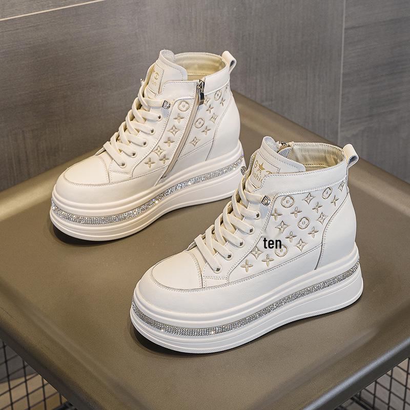 Women's White Rhinestone Print Height-Boosting Platform Sneakers