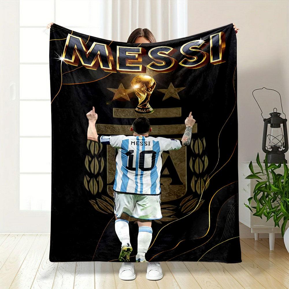 Stripes, Gold Text, Trophy, Player Celebrating In Argentina Jersey. for All Seasons Blanket Lunch Break Throw Gift