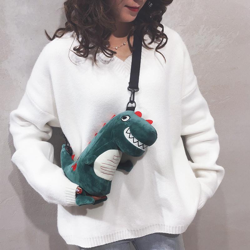 Sac bandoulière en peluche dinosaure pour filles avec poche zippée et intérieur en nylon