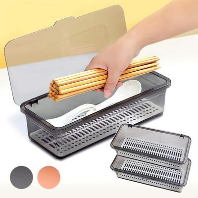 Cutlery Storage Box Kitchen Cutlery Container Draining Spoon Container Cutlery Organizer, 2 Containers, Transparent Gray, Korean Popular Tableware