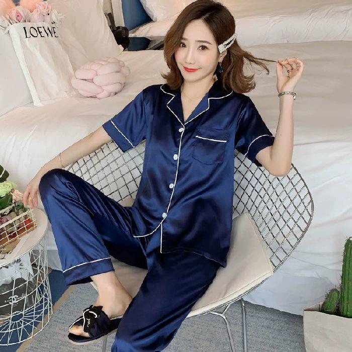 Women’s 2024 Spring/Summer Ice Silk Plaid Pajamas - Long-Sleeved Two-Piece Set