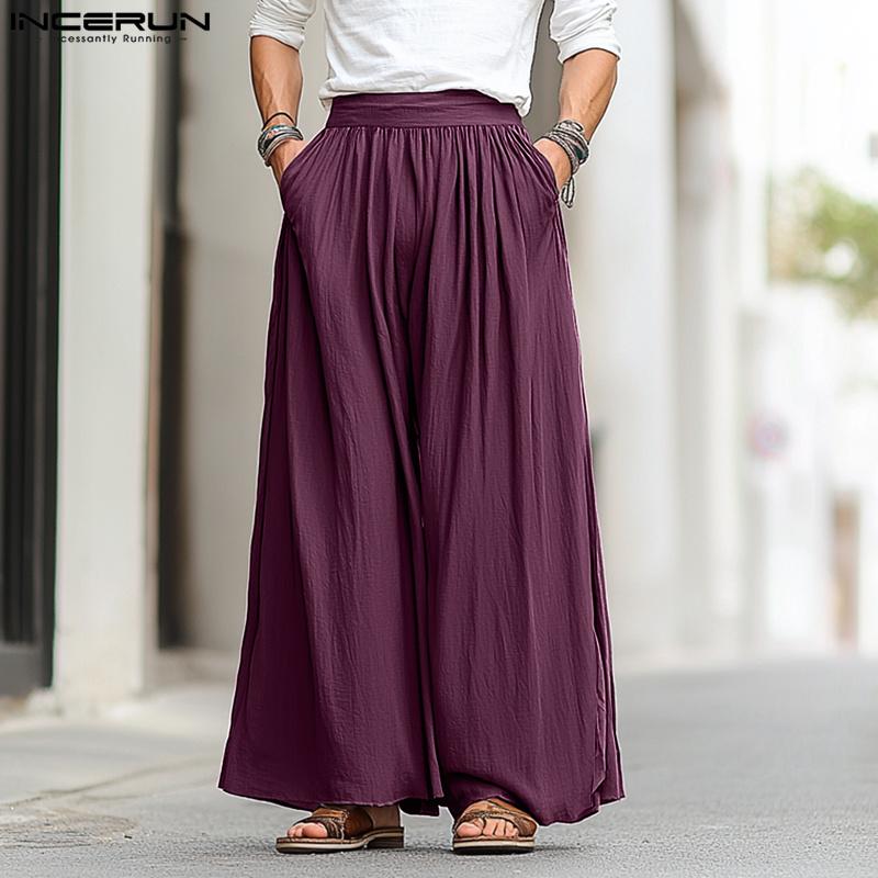 INCERUN Neformální kalhoty s elastickým pasem a širokými nohavicemi, dlouhé kalhoty s kapsami