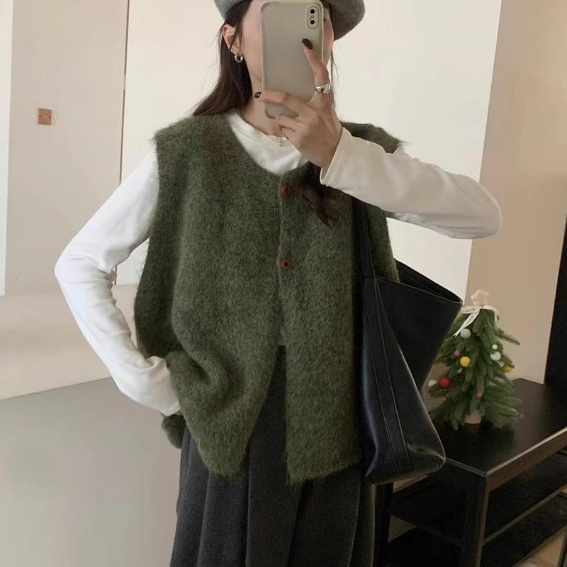 Retro Green Mid-length Sweater Vest Cardigan Women's Autumn and Winter Sleeveless Knitted Vest Outer Wear Clothes