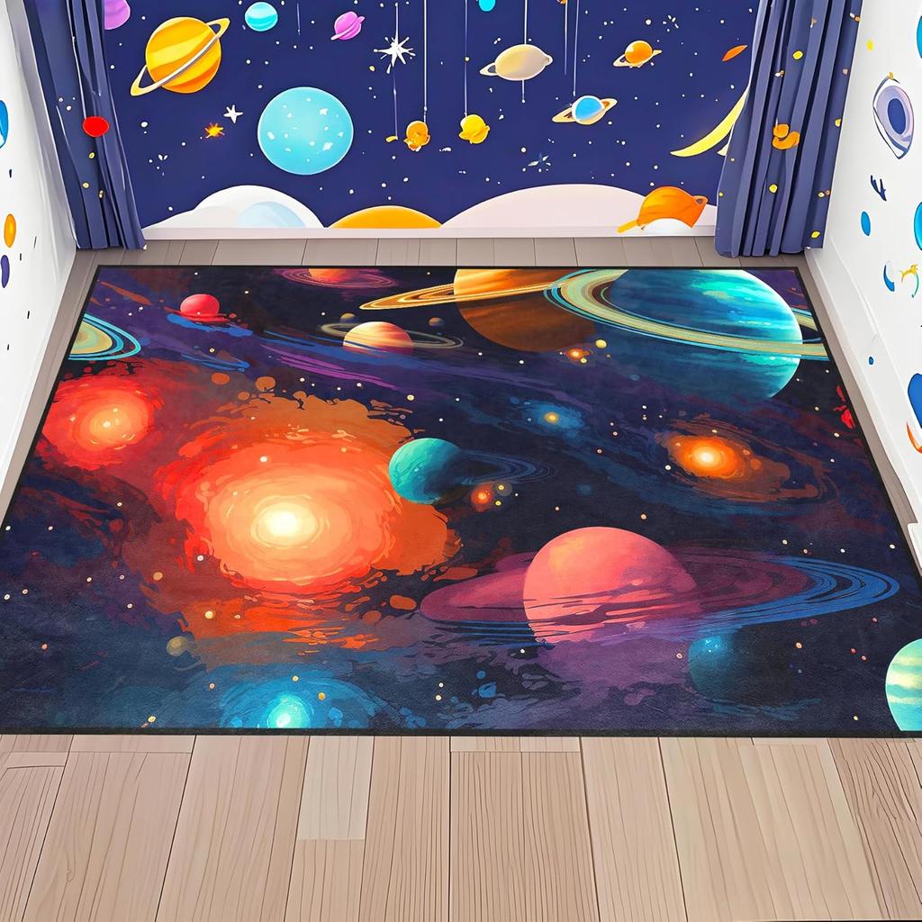 Solar System Area Rug for Kids Bedroom, Educational Universe Planet Carpet, Outer Space Theme Play Mat for Boys and Girls