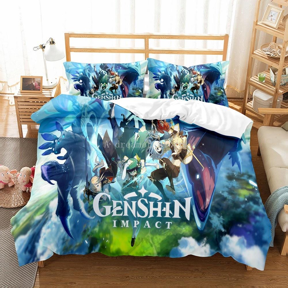 Genshin Impact Bedding Collection For Kids Teens Boys Girls Duvet Cover With Pillowcase Microfiber Bedclothes Cartoon Bed Linen