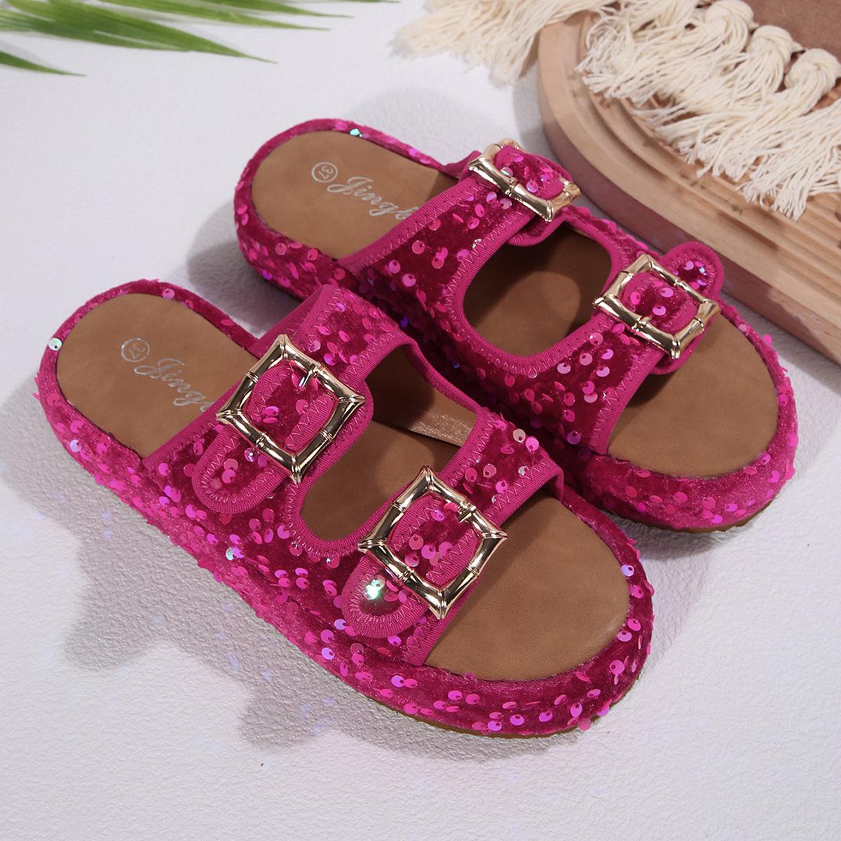 

New double buckle shoes women s casual outer wear home summer cool slippers European and American large size rhinestone platform slippers 43 розы красного