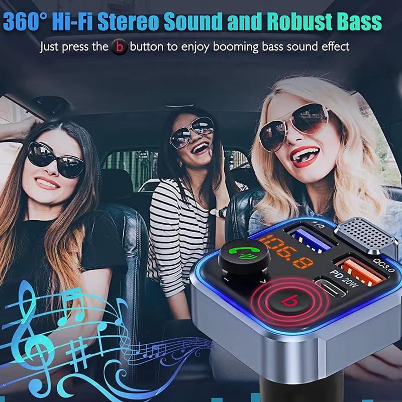 Bluetooth 5.0 FM Transmitter with Type C PD 20W & QC3.0 USB Fast Charger Hands-free Supporting USB Memory Stick Audio Receiver