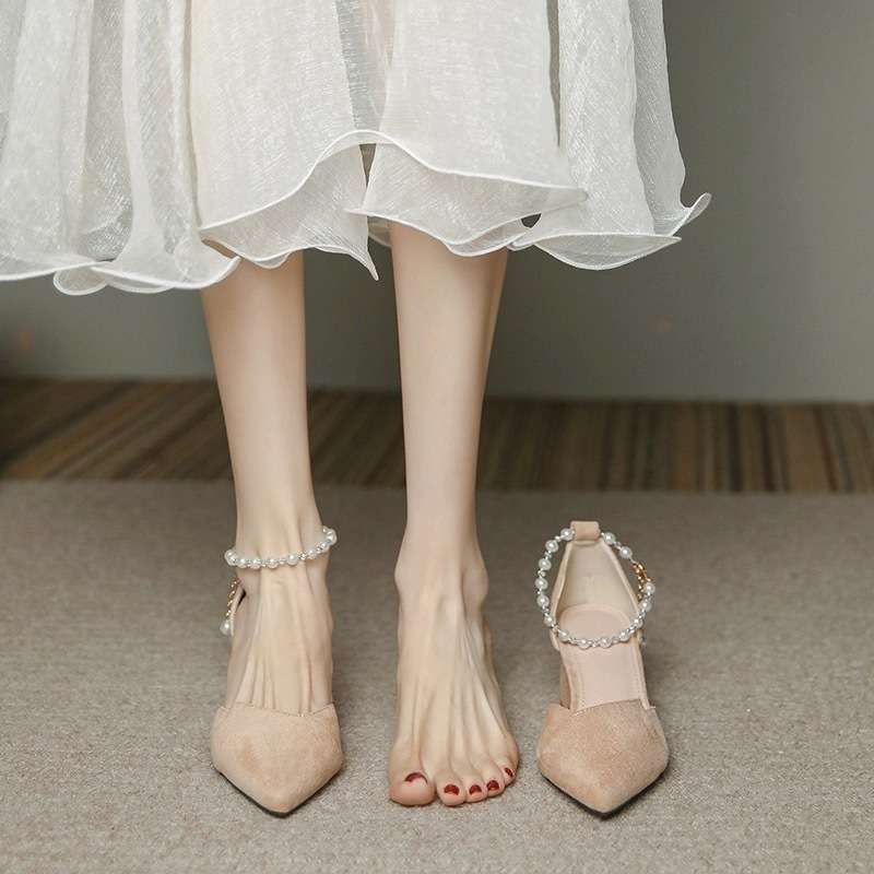 French Temperament High Heels Women's Thick Heel Summer Fairy Style Gentle Bridesmaid Single Shoes Pearl Sandals Women's Medium Heel Small Size