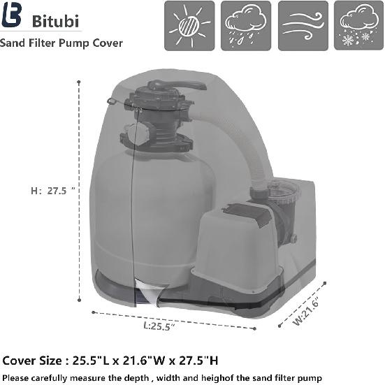 Bitubi Sand Filter Pump Cover,Waterproof Anti-UV Above Ground Pool Pump Cover,Suitable for Most Popular Brands Sand Filter on Market (Black)