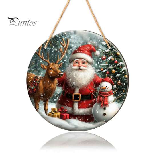 Rustic Christmas Wall Decor Wooden Round Hanging Sign, Santa Claus Highland Cow Winter Theme Farmhouse Ornament Door Decor, Holiday Welcome for Indoor