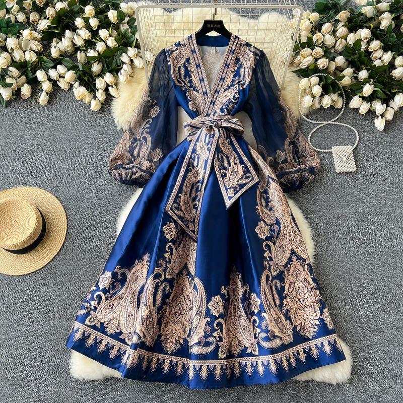 

High-End Ladies the Dinner Party Formal Dress for Women Daily Style Dress Fashion Waist Trimming Lace up One-Piece Dress Dress Blue XL