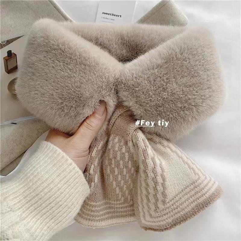 2025 Women's Korean Style Rabbit Fur Scarf: Cute, Thick, Plush, Trendy, Windproof, and Warm Neck Warmer for Autumn and Winter