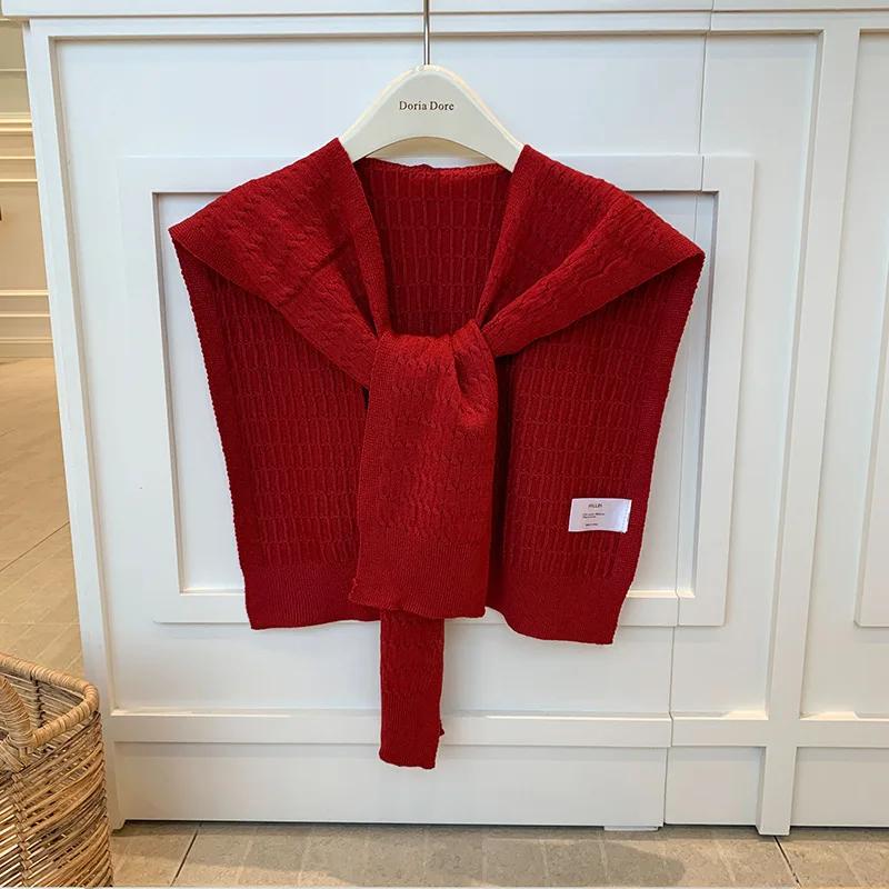 

Женская корейская жареная крученая шаль из теста, летняя мода, поддельный воротник, защита шеи, вязанная тонкая завязанная накидка, шарф на плечо вино красного