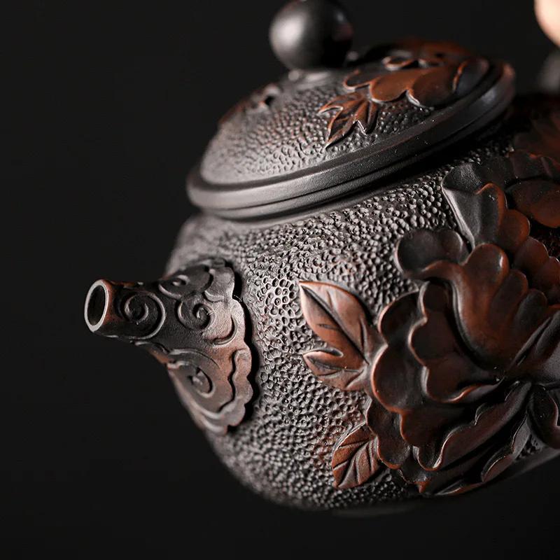 Čína Jianshui fialová hlína černá keramická ručně vyřezávaná konvice na čaj s dračí řezbou, porcelánová kung-fu čajová sada na pití