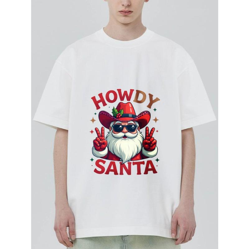 Christmas T-Shirt Black Howdy Santa with Cowboy Hat and Sunglasses Peace Signs Holiday Party Wear