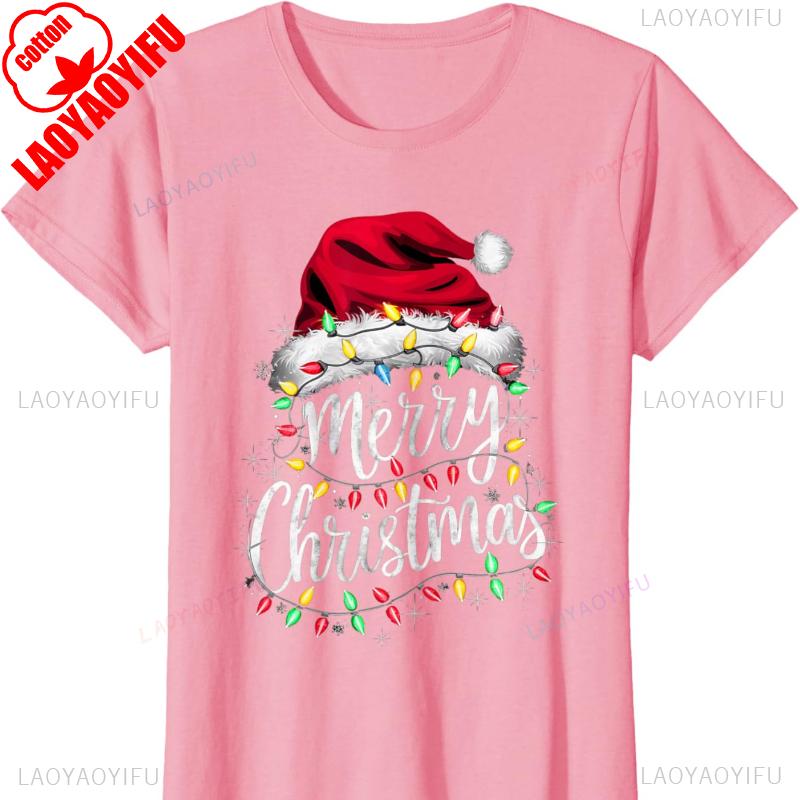 Red Santa Lights Design Christmas Cotton Tshirt for Men and Women Crew Neck Short Sleeve  All Seasons Casual Fashion Soft Ideal