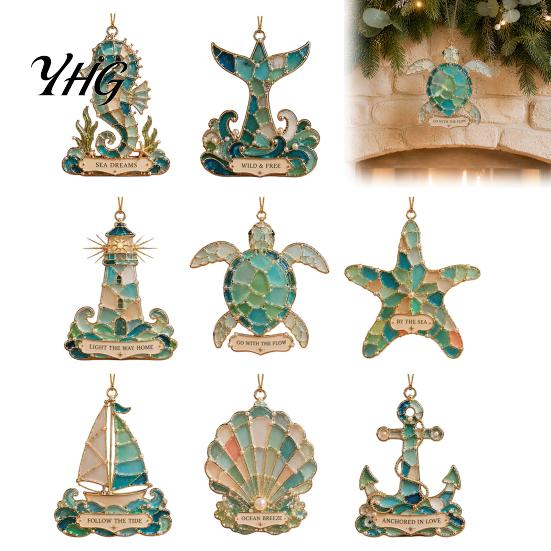 Durable Decorative Accents Handmade Sea Glass Coastal Christmas Ornaments, Turtle Seahorse Starfish Tree Ornaments Sailboat Beach Hanging Decoration