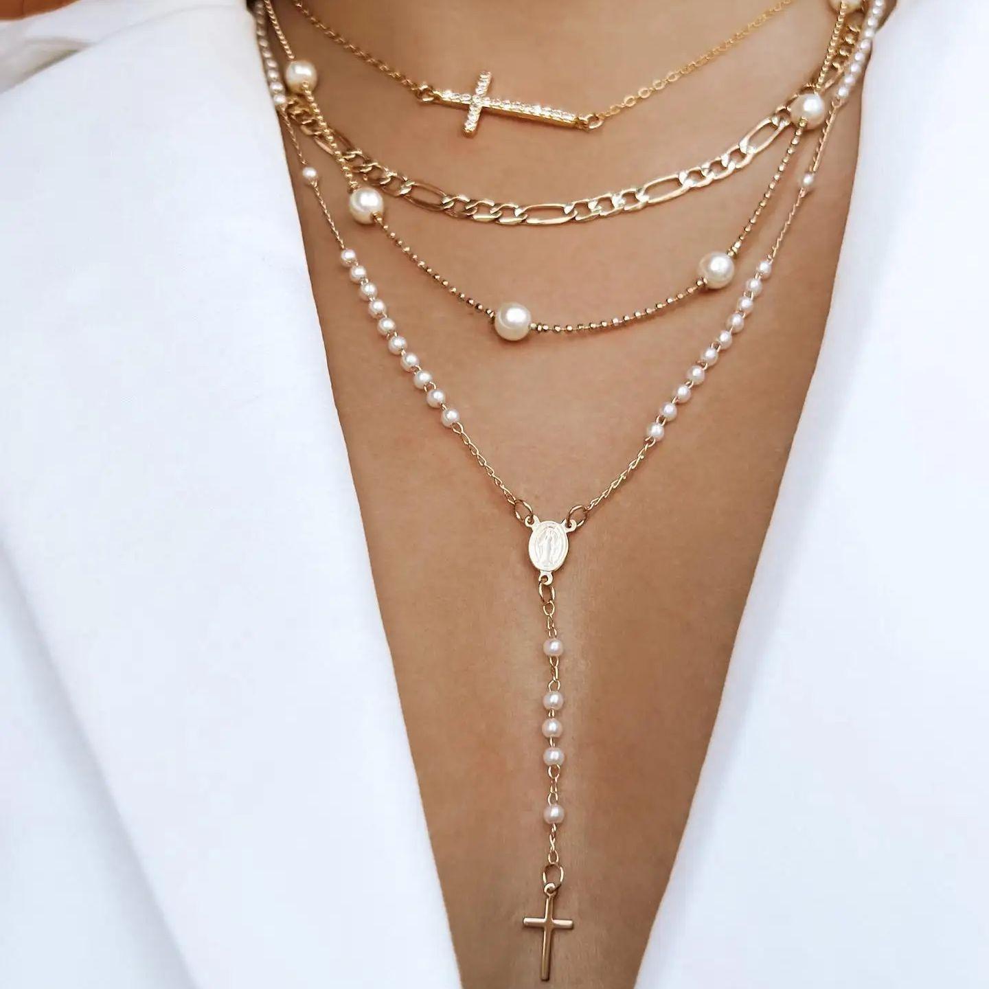 

4 Piece Cross Pearl Necklace Set Fashion Jewelry Women Trendy Shiny Daily Party Accessory Gift For Her