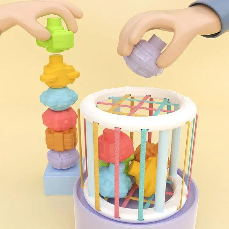 Baby Montessori Formbausteine Sortierspiel Säuglings Sinneslernspielzeug Bunte Stapel- und Ziehspiele für Kleinkinder Früherziehung