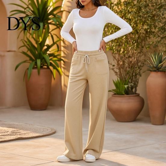 Lounge Wear Pants Women Wide Leg Pants, Drawstring Waist Loose Casual Adjustable Trousers Trousers, Solid Color Palazzo with Pockets