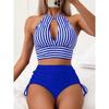2025 Halter High Waist Bikinis Striped Swimsuit Women Hollow Out Swimwear Female Bathers Bathing Swimming Swim Suit Beachwear