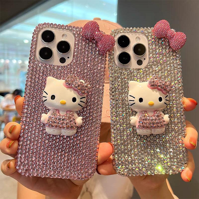 Full Diamond Kt Cat Bow For Iphone17Pro Mobile Phone Case Apple 16 Rhinestone 14Plus Premium Sense 15