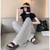 Summer New Fashion Simple Elastic High Waist Casual Wide Leg Pants Women's Print Stripes Patchwork Drawstring Straight Trousers