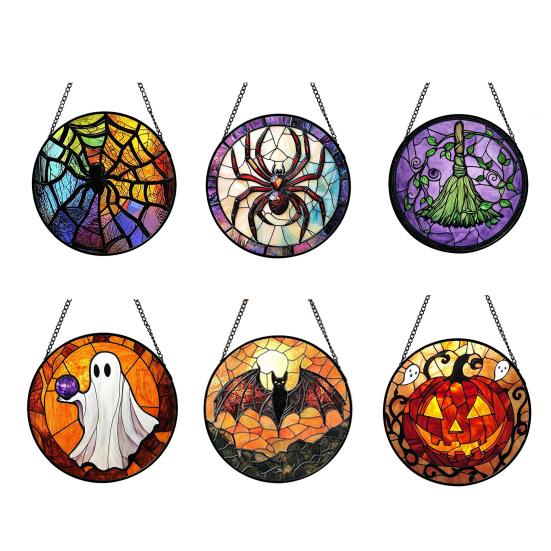 Halloween Suncatcher Decoration Spider Pumpkin Bat Witch Broom Ghost Stained Glass 2D Flat Acrylic Wall Window Hanging Sign Ornament