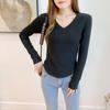Women's V-Neck Long Sleeve Base Layer Top Double-Sided Fleece Slim Fit Inner Wear Shirt