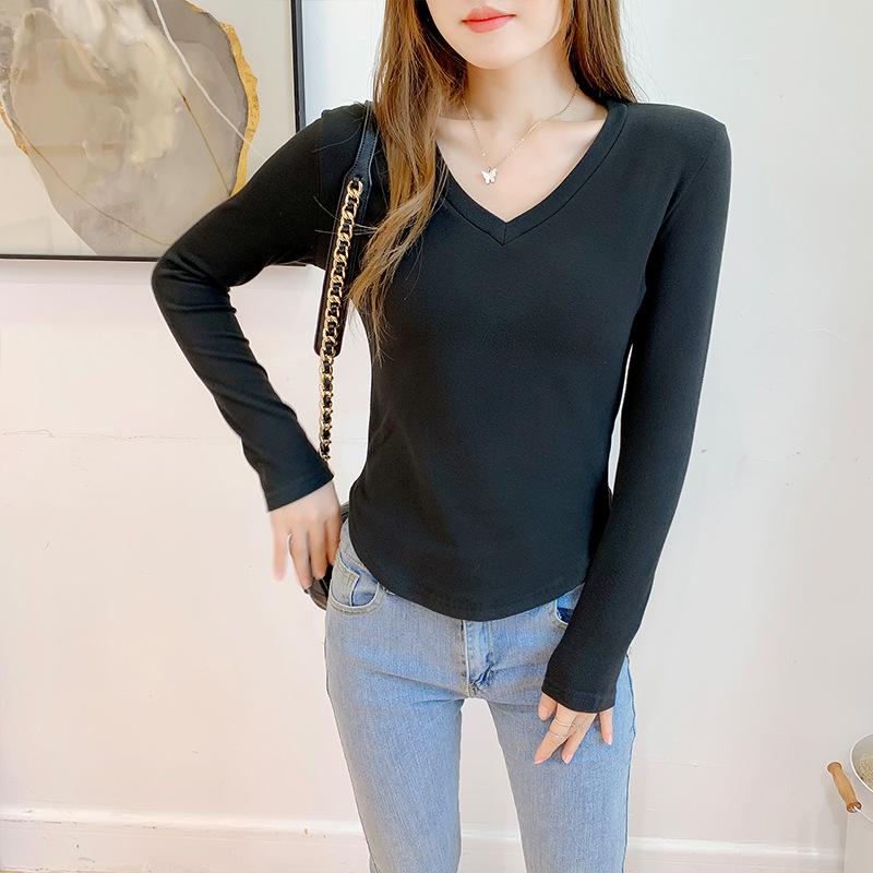 Women's V-Neck Long Sleeve Base Layer Top Double-Sided Fleece Slim Fit Inner Wear Shirt