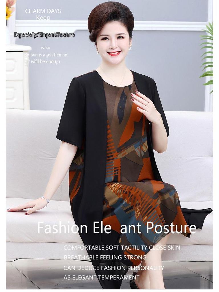 Elegant Plus Size Chiffon Patchwork Dress for Mature Women - Summer Short Sleeve, Stylish Two-Piece Look.