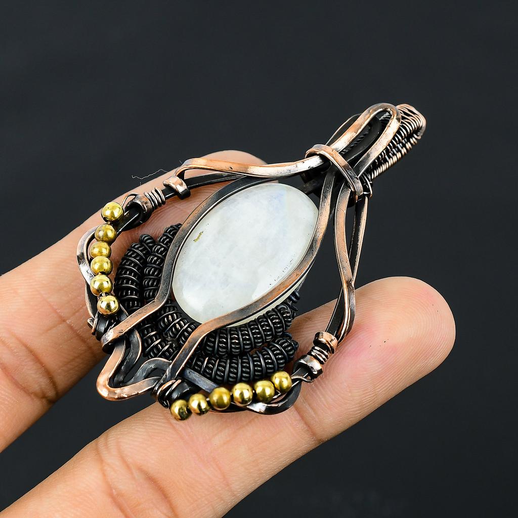 Natural Rainbow Moonstone Gemstone Handmade Copper Wire Wrap Pendant 2.95" A3n59