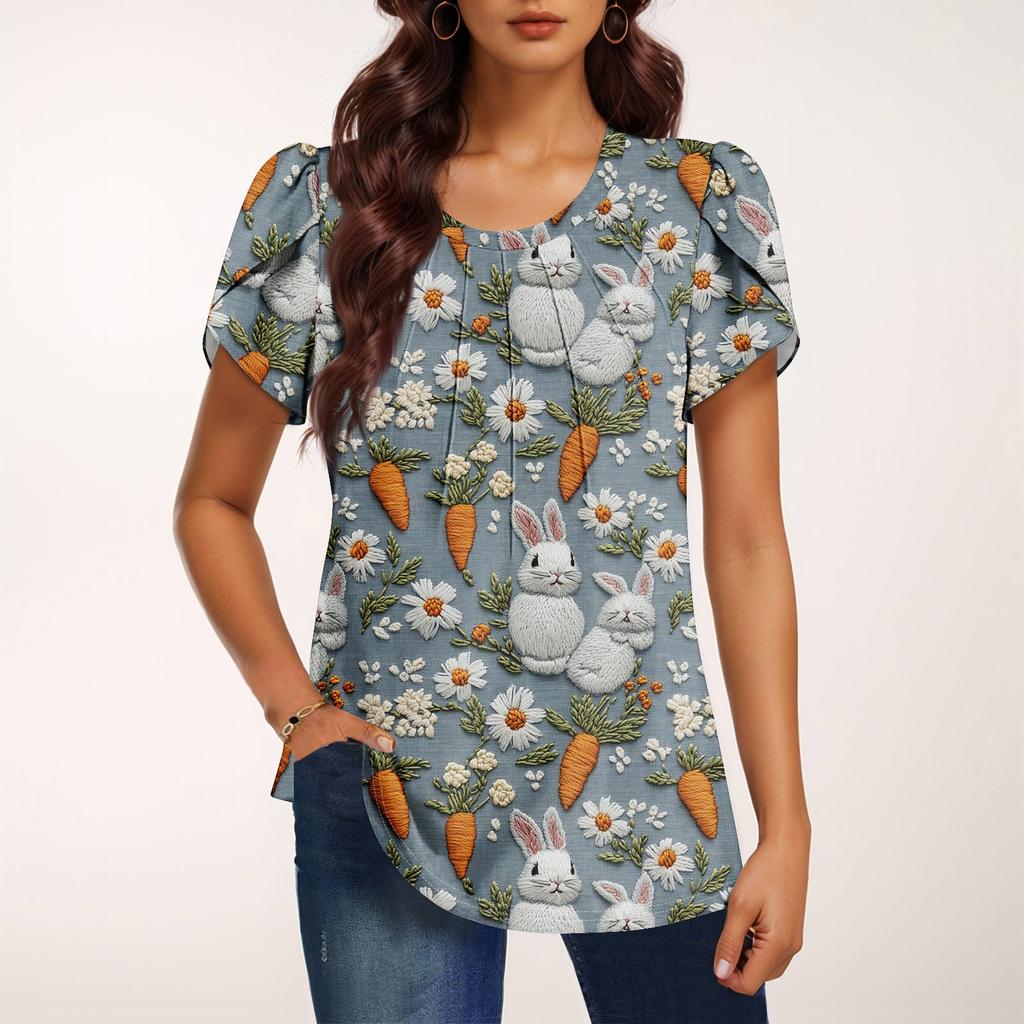 Women's Fashionable Round Neck Short Sleeve Printed Casual Basic Pleated Pullover T-shirt Top