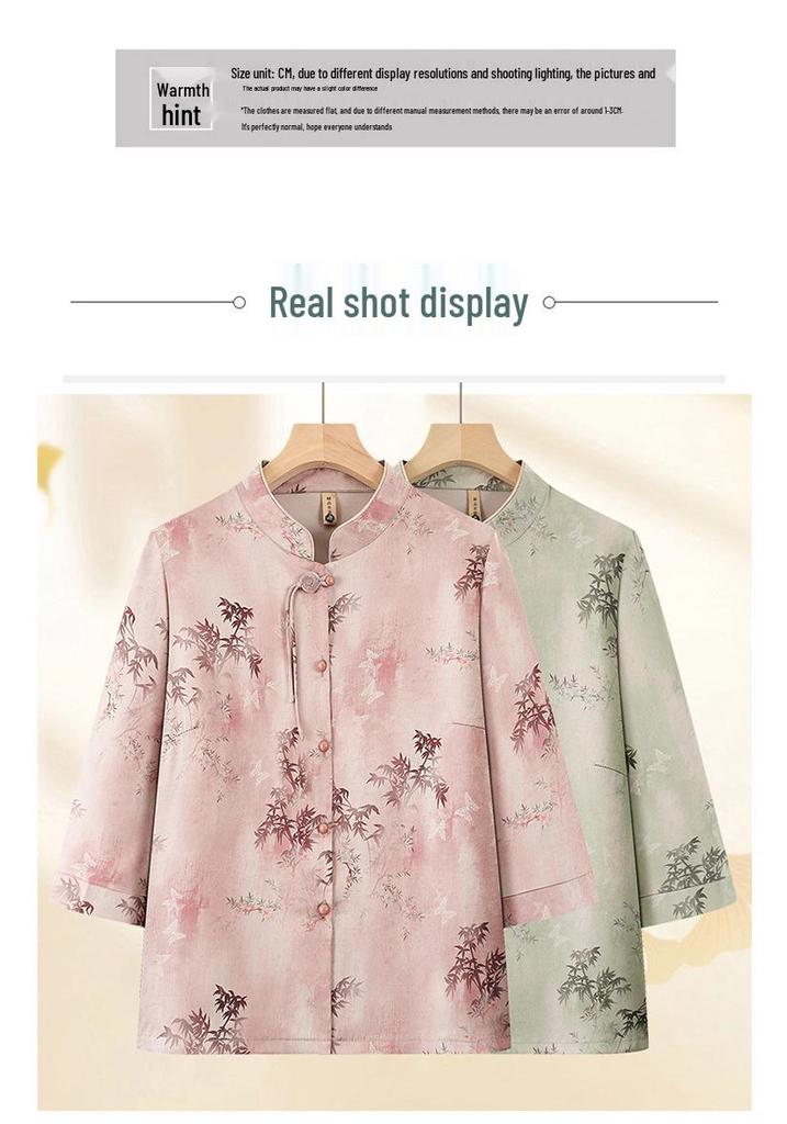 2026 Summer Women's Stand-up Collar Seven-Sleeve Chinese Style Top for Middle-Aged & Elderly