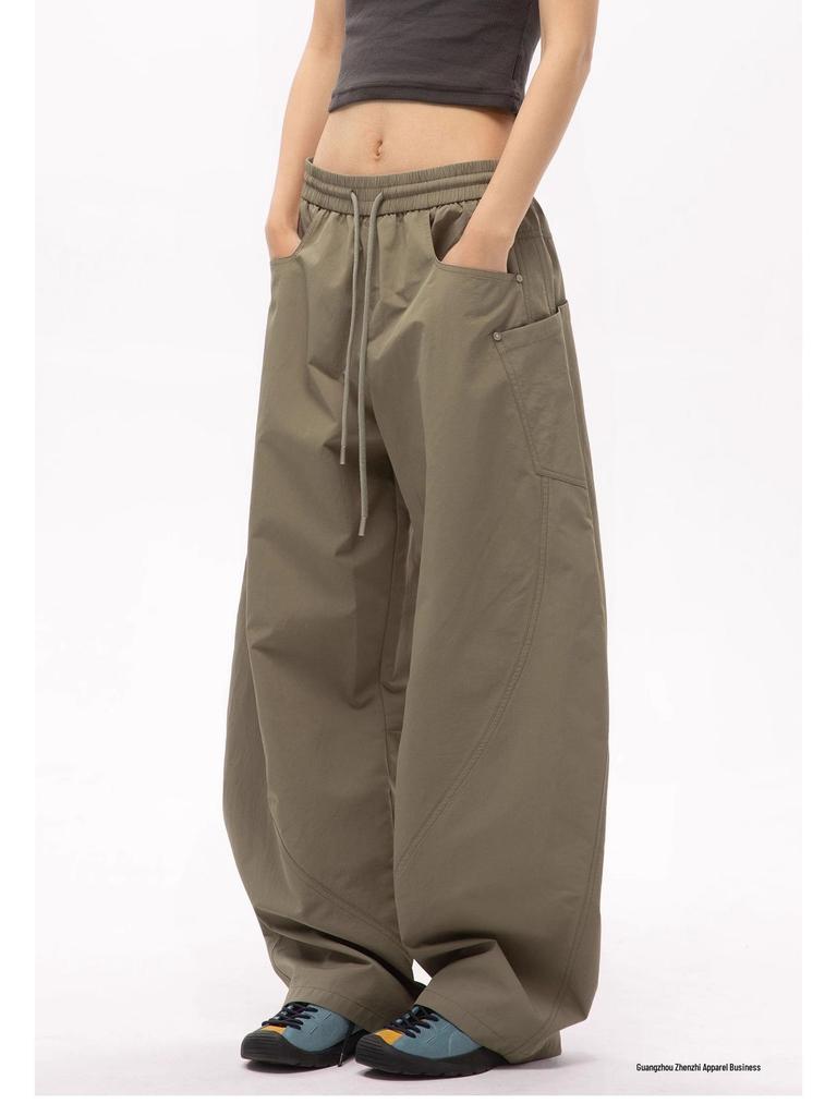 Men's Wide-Leg Multi-Pocket Contrast Stitching Floor-Length Casual Pants