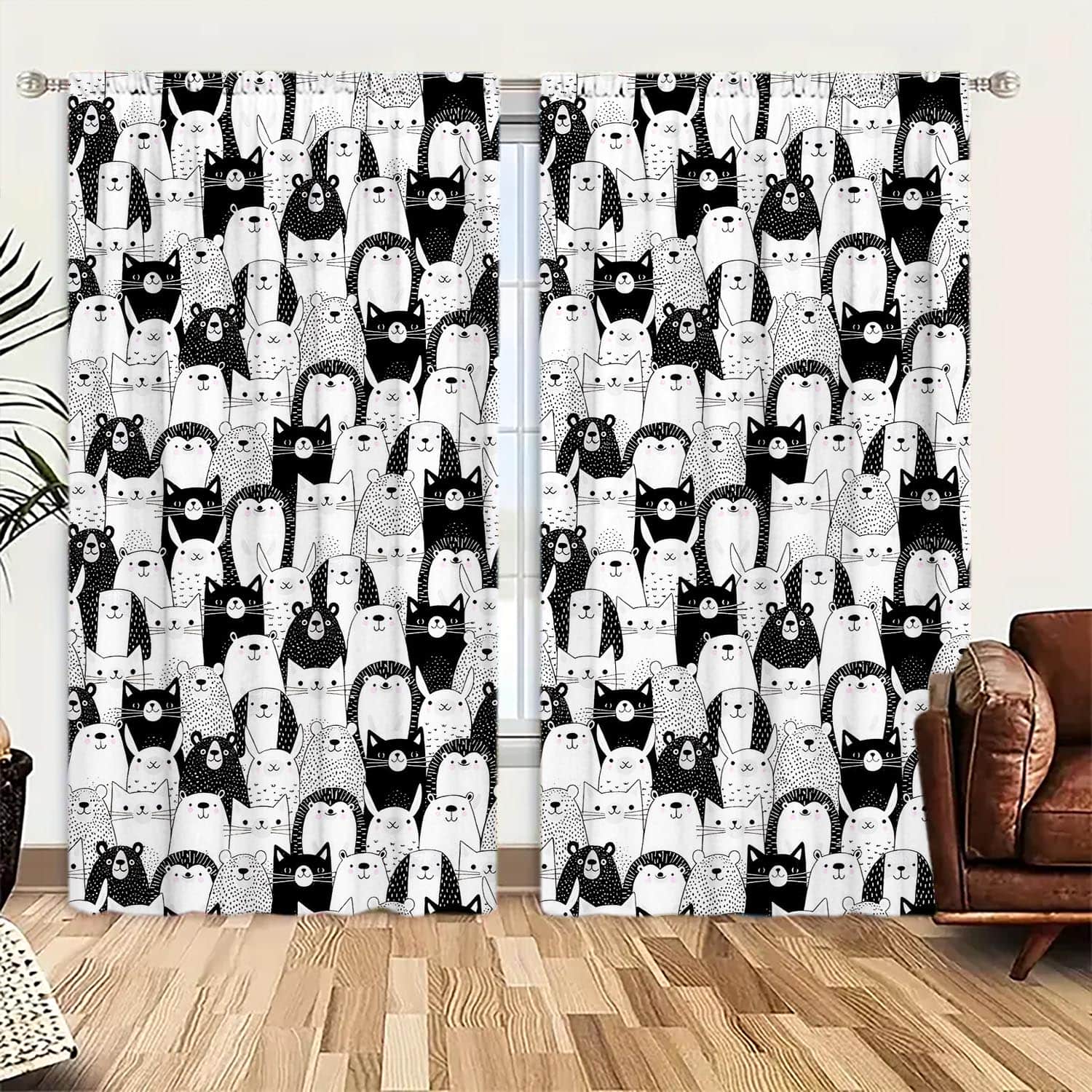 

2pcs Cute Black and White Cartoon Animal Curtains Sunshade and Privacy Protection Suitable for Decorating Various Room Types 100*130 Grommet Top 1pcs