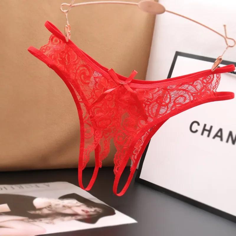Women Sexy Transparent Lace G-strings Thongs Hollow Out Underwear for Ladies Crotch Opening Panties