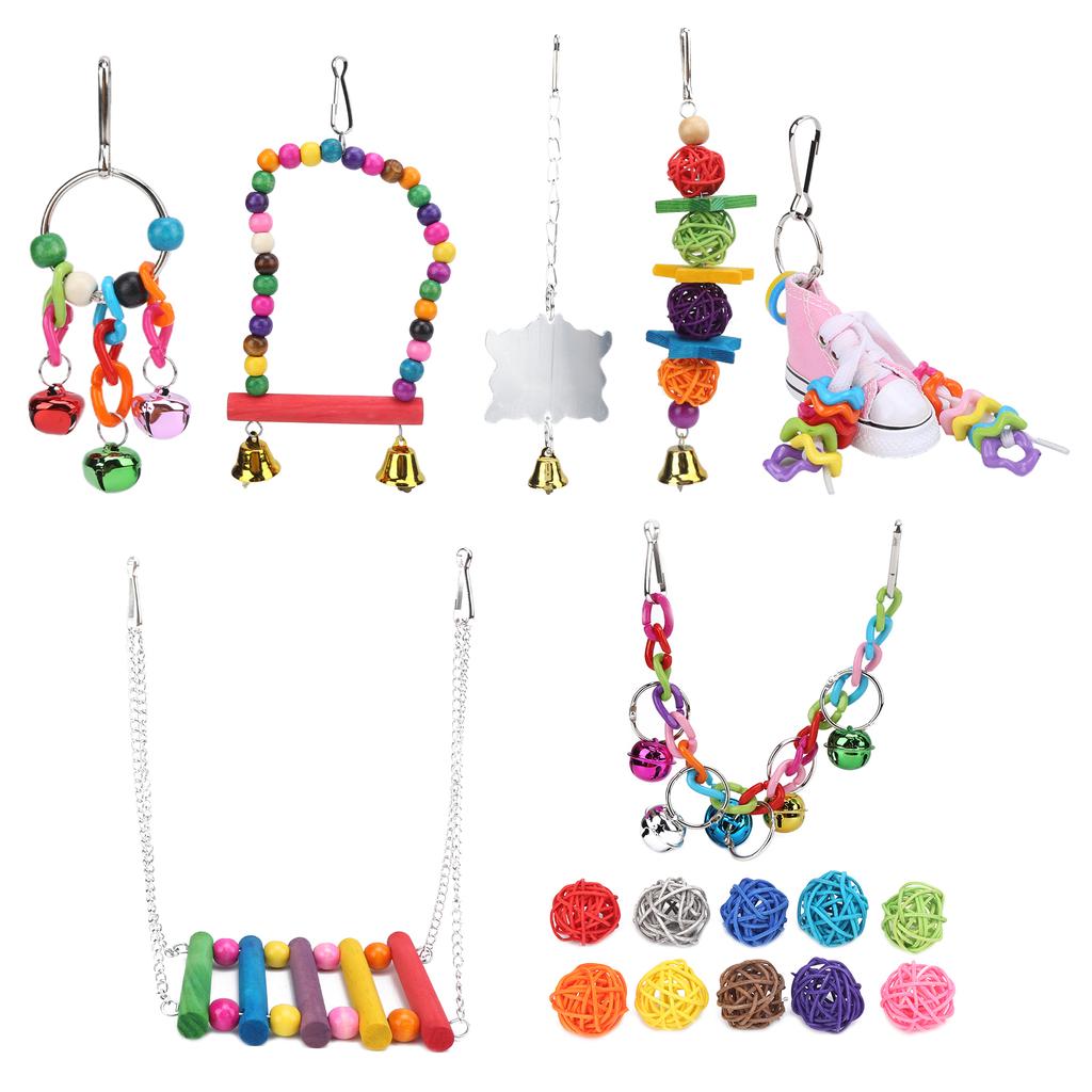 17 Packs Bird Toys Sepak Takraw Hanging Chain Swing Bell String Set for Small and Medium Parrots