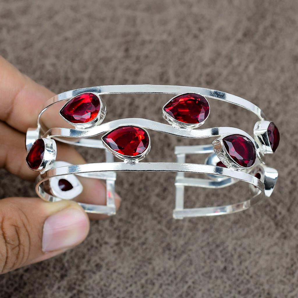 Mozambique Garnet Gemstone 925 Sterling Silver Cuff Bangle Adjustable KKG-199