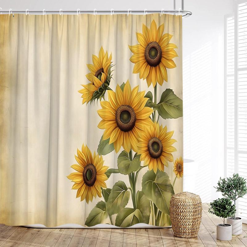 Rustic Sunflower Shower Curtain Farmhouse Floral Butterfly Daisy Vintage Spring Flowers Wooden Plank Country Home Bathroom Decor