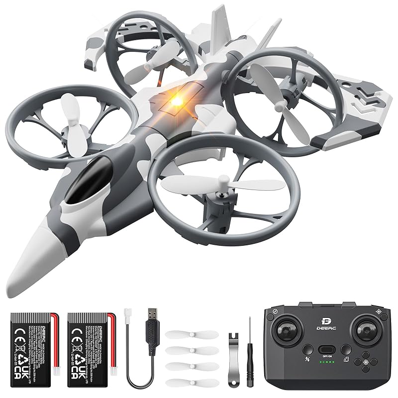 

Deerc HT15 RC Drone, Fighter Plane, for Kids, Under 100g, Land and Air Use, License-Free, Mini Drone, Helicopter Toy, Indoor Use, 2 Units, 14 Minutes