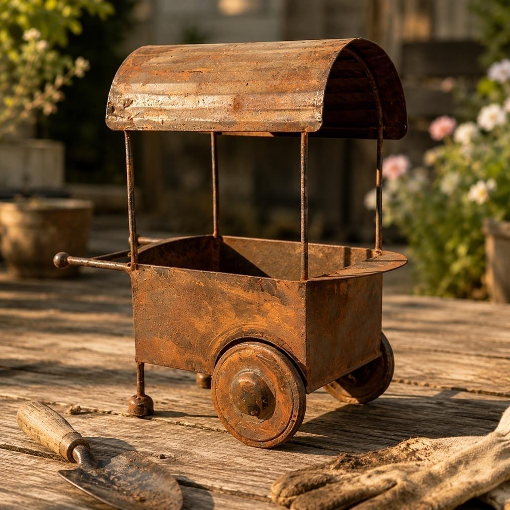 Rustikaler Metall-Gartenwagen Pflanzgefäß Outdoor Vintage Stil Eisen Blumenständer für Terrasse Hof Deck Dekoration mit Rädern und Griff