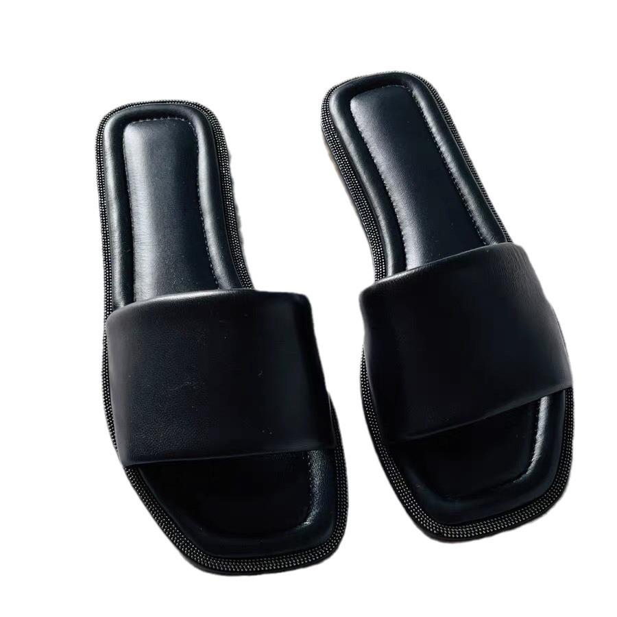 Leather with Diamond Edge Square Head Soft and Comfortable Flat Bottom One Word Cool Slippers Women's Fashion 2025 Summer New