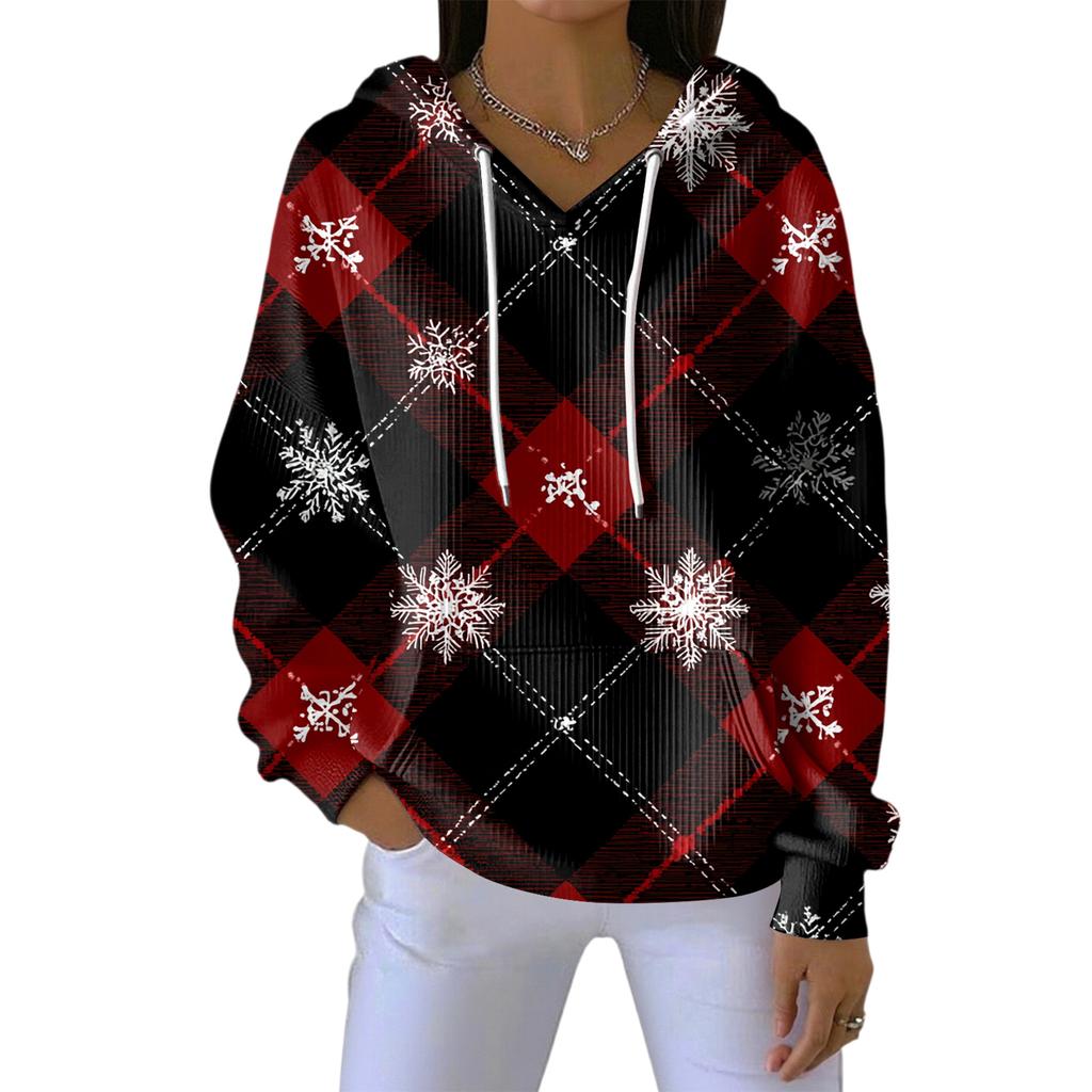Women's Loose Comfortable Casual Fashion V-Neck Christmas Print Long Sleeve Hoodie