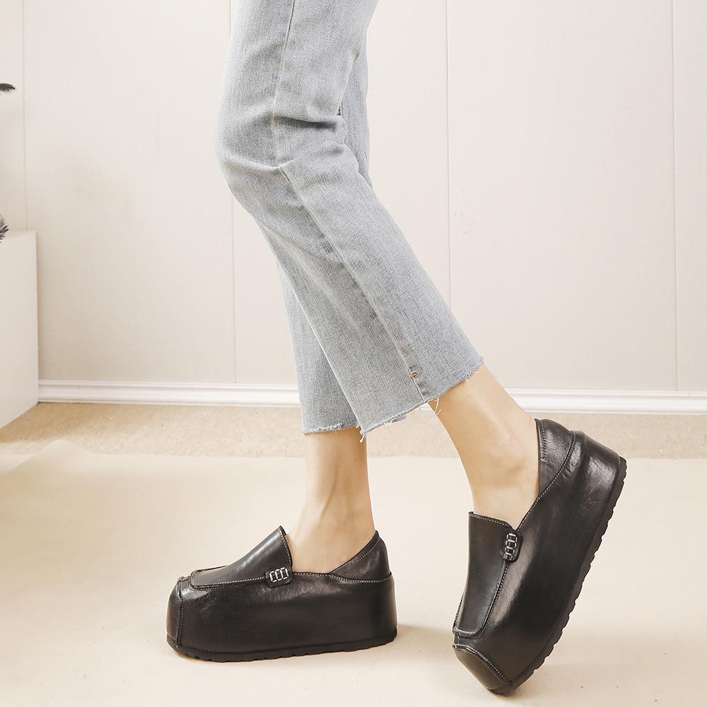 Johnature Genuine Leather Invisible Height Increasing Shoes Retro Handmade Flat Platform Shoes