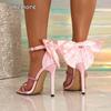Pink Satin Large Bowknot Rhinestone Stiletto Sandals Open Toe High Heel Shoes Party Fashion Bling Sandals Sandalias De Mujer